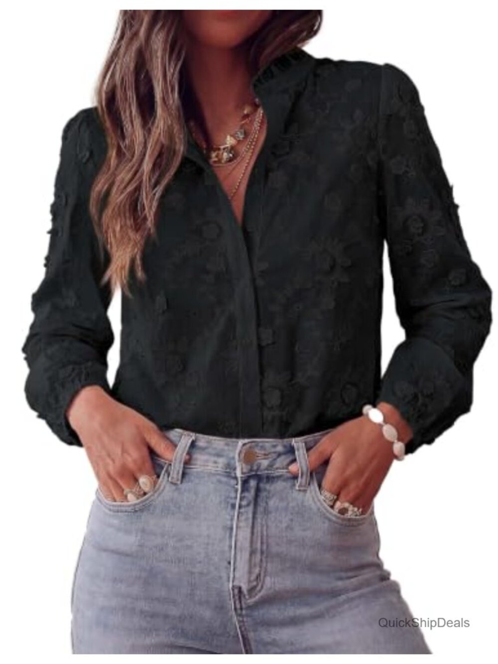 Women's Floral Embroidered Button Down Shirt Long Sleeve Ruffle Collar Blouse
